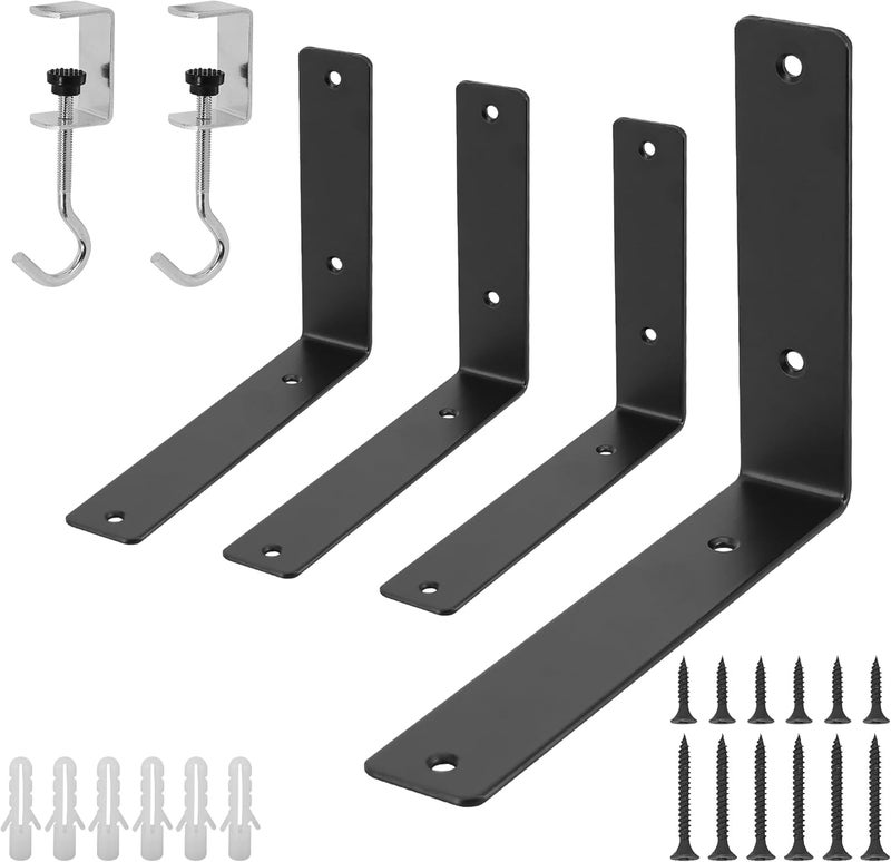 Redunest L Floating Shelf Brackets,4 Pack Heavy Duty L Brackets for Shelves, L 8" X H 6" Black Metal Countertop Support Brackets,Wall Mounting for Wood - Image 1